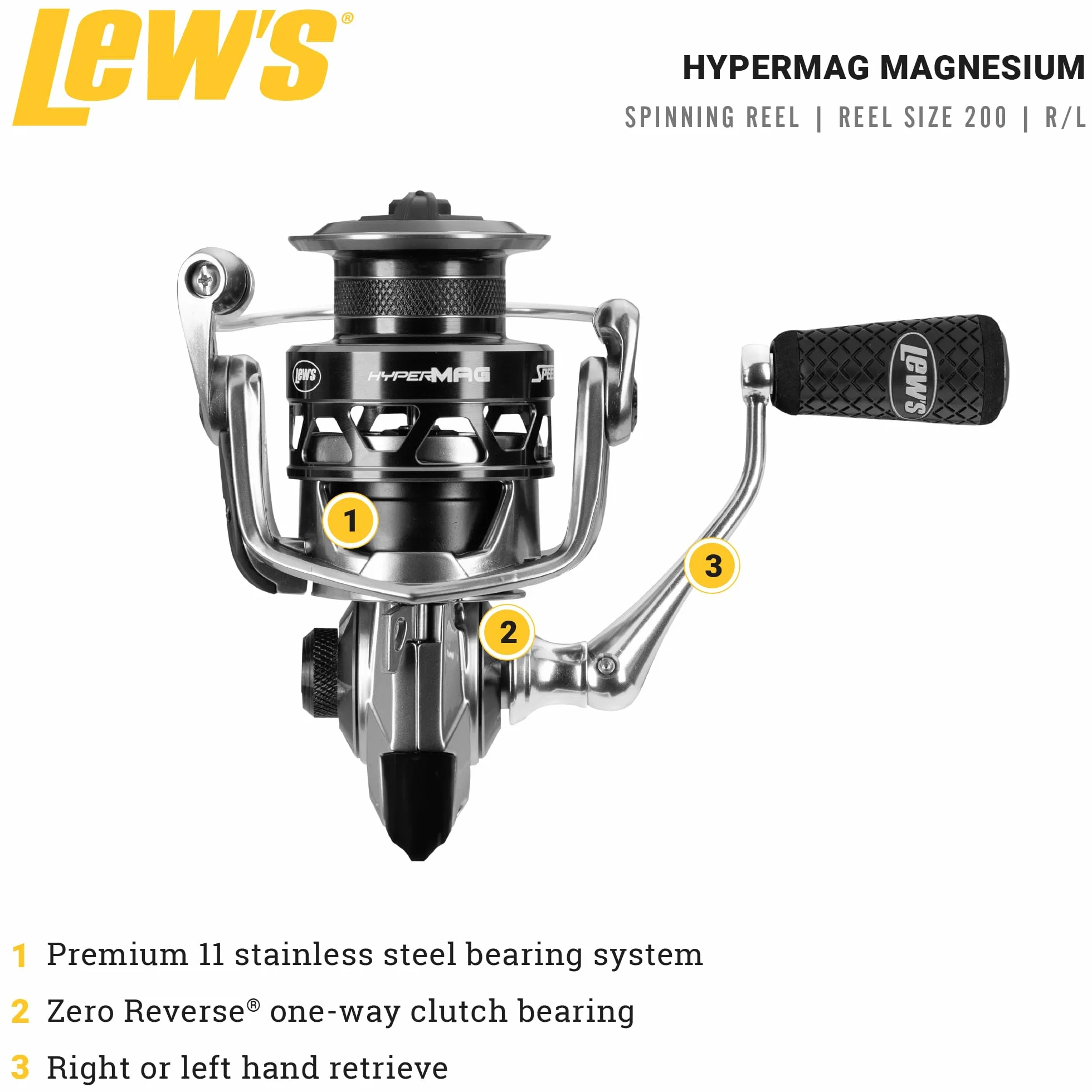 HyperMag Spinning Fishing Reel, 6.2:1 Gear Ratio, Right or Left-Hand Retrieve, Magnesium Frame, Premium 11 Stainless Steel Ball Bearings