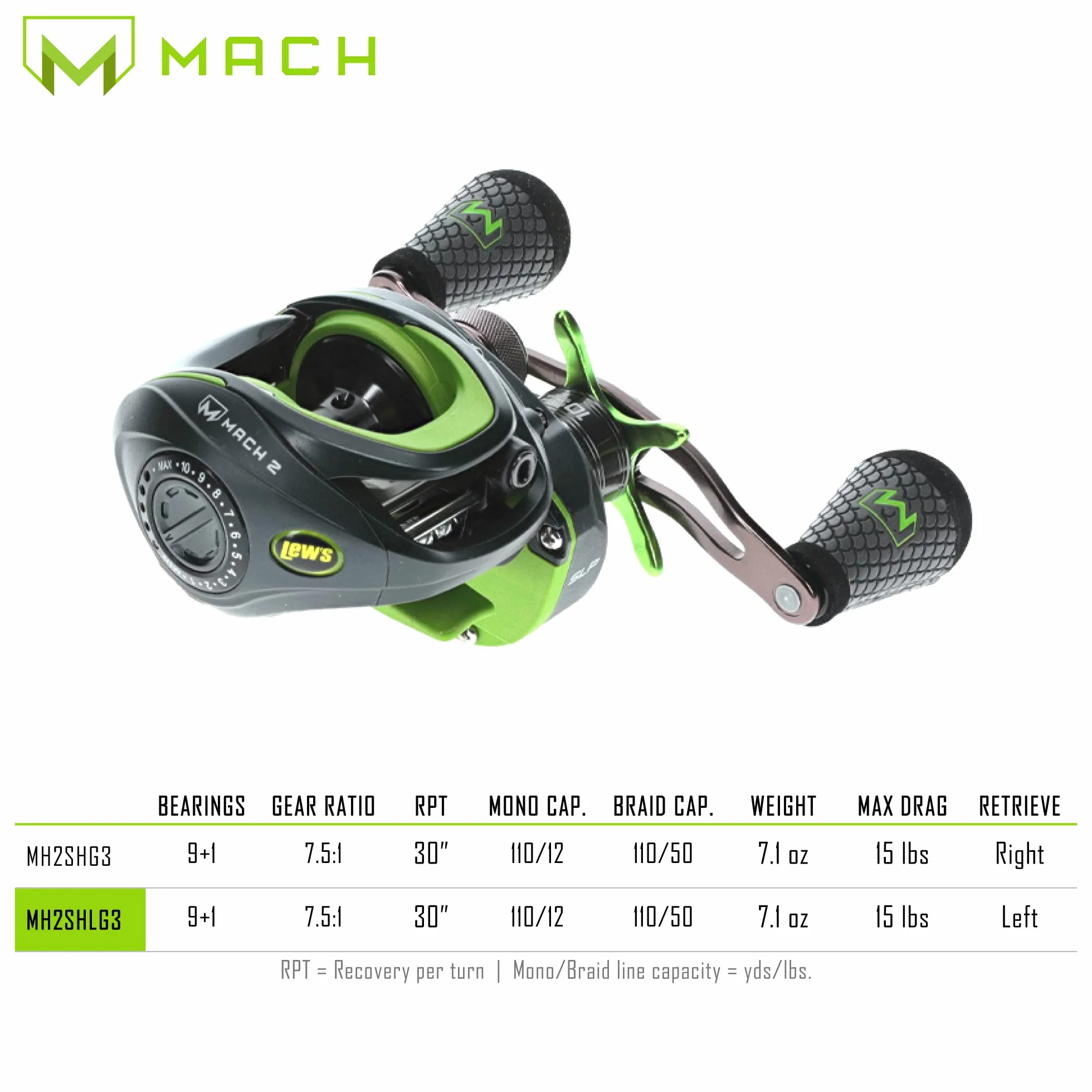 Mach 2 Baitcast Reel, 9+1 Stainless Steel Ball Bearings, 7.5:1 Gear Ratio, Left-Hand Retrieve, Black/Green