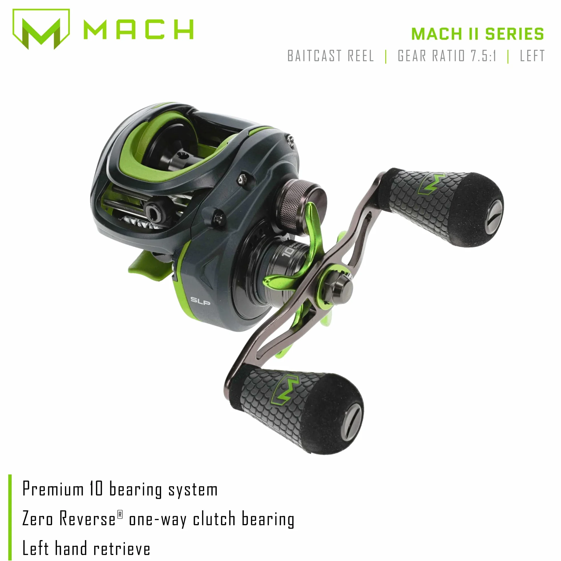 Mach 2 Baitcast Reel, 9+1 Stainless Steel Ball Bearings, 7.5:1 Gear Ratio, Left-Hand Retrieve, Black/Green