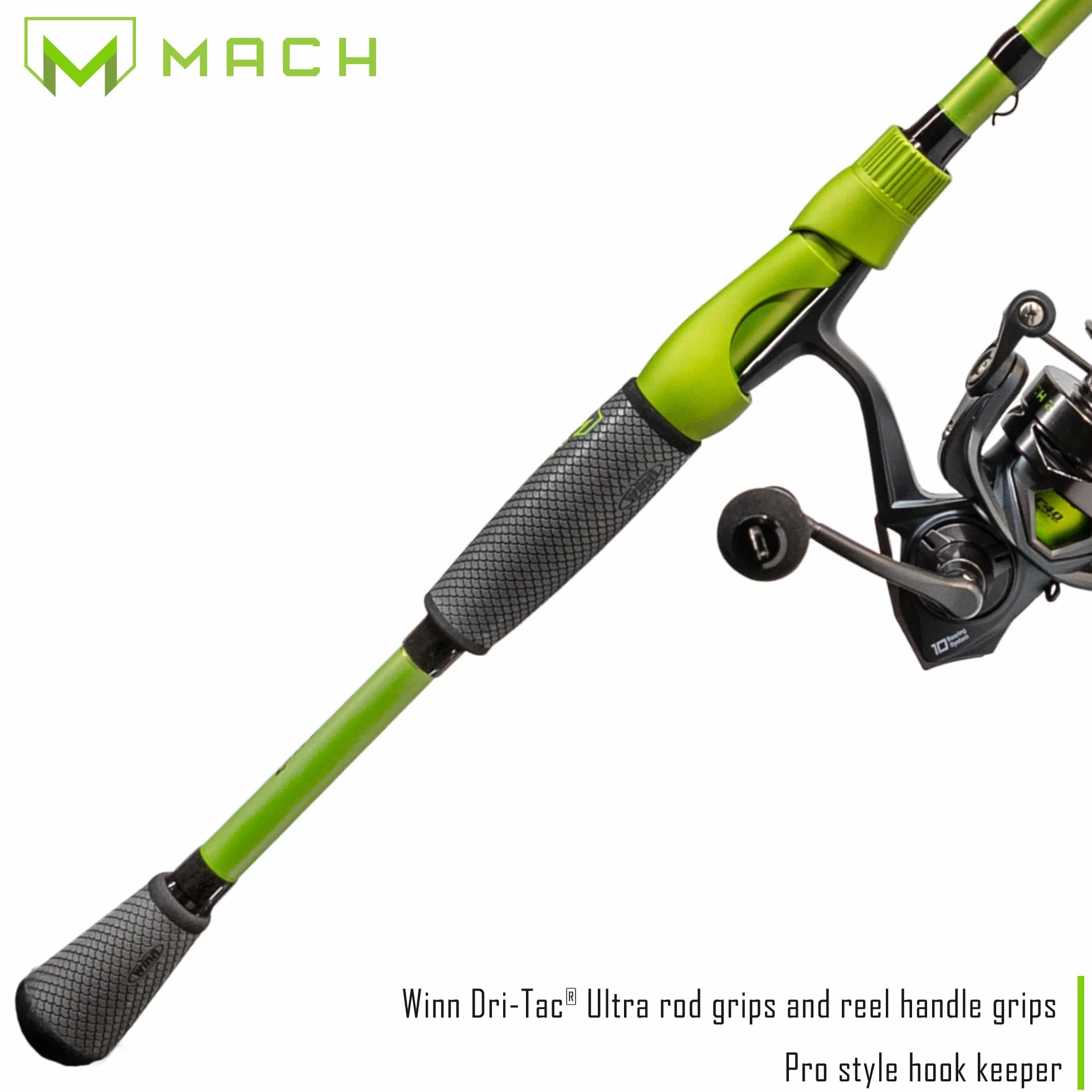 MACH 2 Spinning Reel and Fishing Rod Combo, IM8 Graphite Blank Fishing Rod, Right or Left-Hand Retrieve, Winn Dri-Tac Ultra Handle, Black/Green