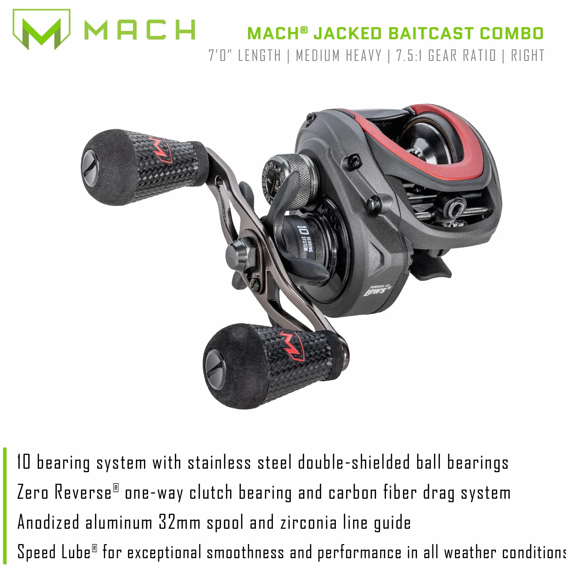 MACH Jacked Baitcast Reel and Fishing Rod Combo, HM50 Graphite Rod, Carbon Fiber Drag System, 7.5:1 Gear Ratio
