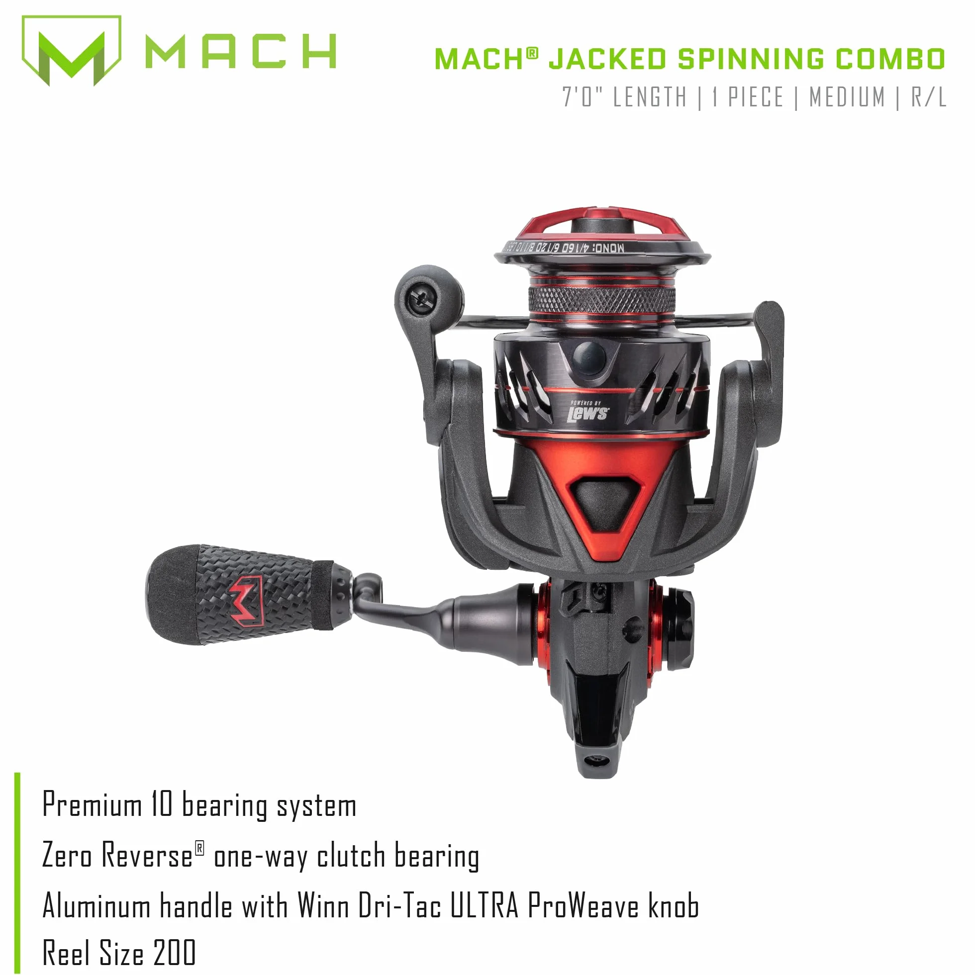 MACH Jacked Spinning Reel and Fishing Rod Combo, HM50 Graphite Rod, Tanso Tech Frame, Black/Red