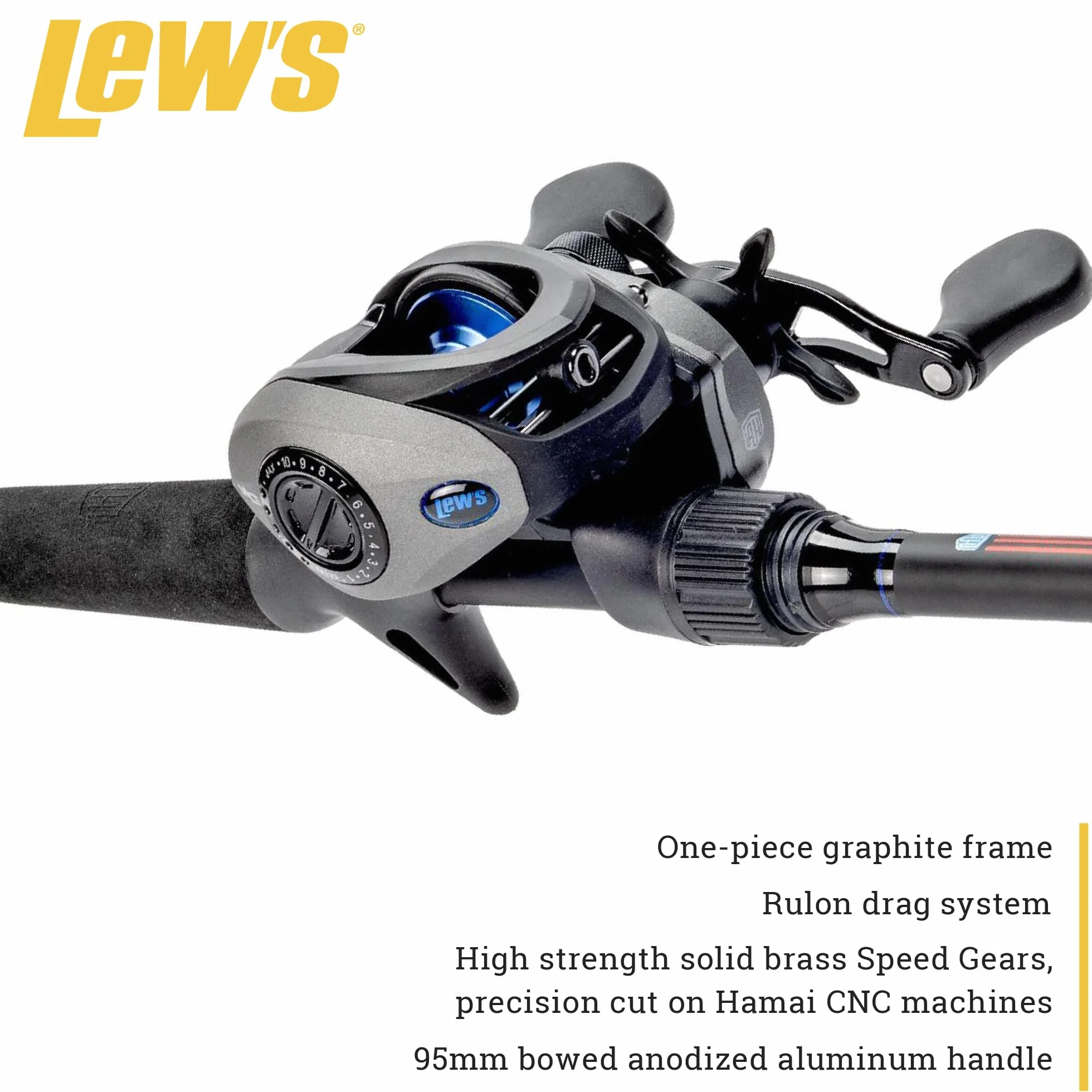 American Hero Baitcast Reel and Fishing Rod Combo, 1-Piece Medium-Heavy Power Fast Action IM6 Graphite Rod, 7.5:1 Gear Ratio, Gray/Black/Blue