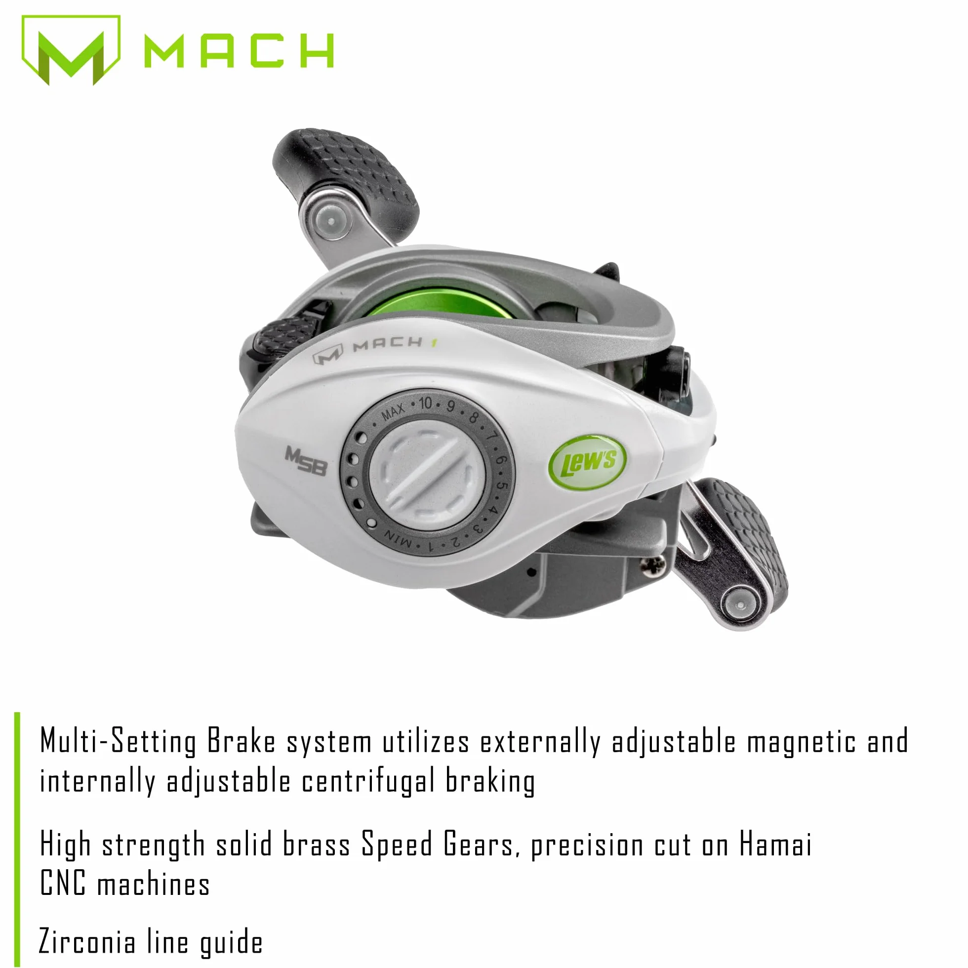 MACH 1 Baitcast Fishing Reel, 7+1 Bearings, 7.5:1 Gear Ratio, Graphite Frame and Sideplate, Multi-Setting Brake, Speed Gears, White/Gray/Green