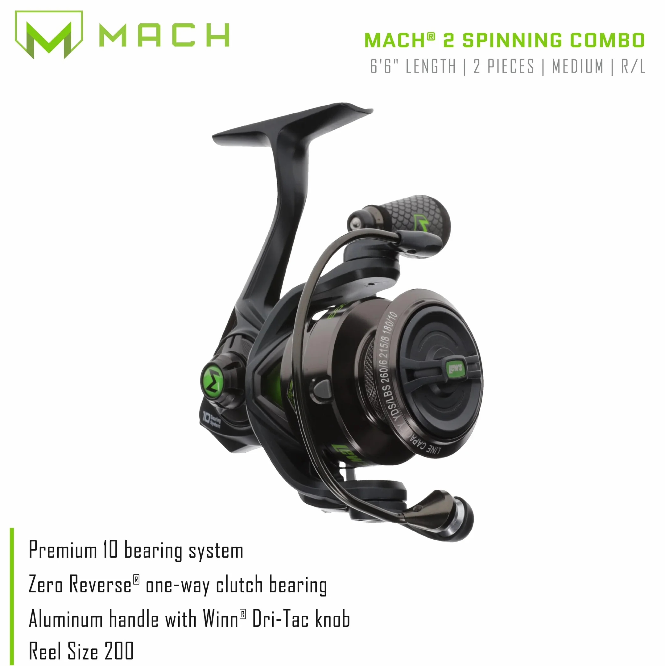 MACH 2 Spinning Reel and Fishing Rod Combo, 6-Foot 6-Inch 2-Piece IM8 Graphite Blank Rod, Size 200 Reel, Right or Left-Hand Retrieve