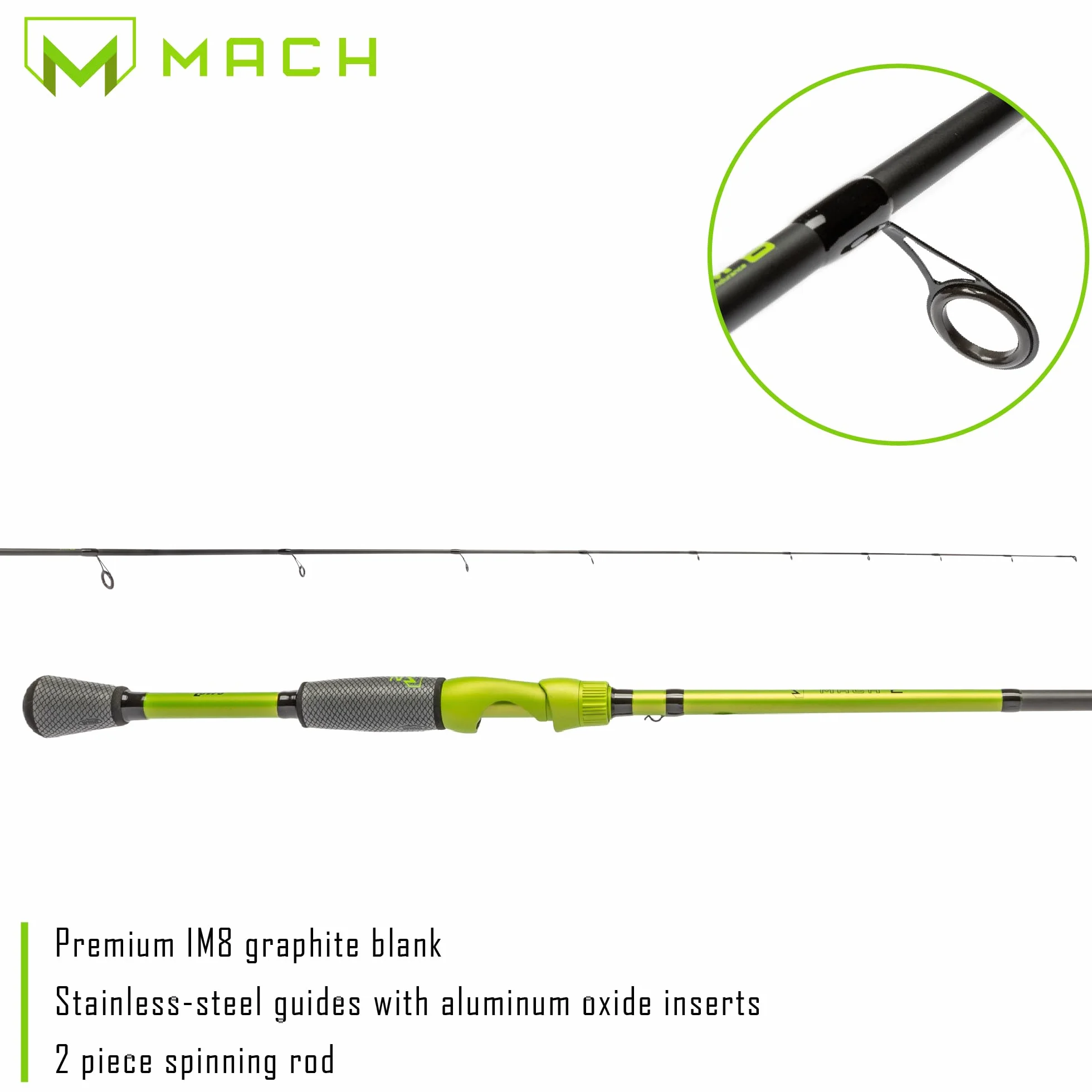 MACH 2 Spinning Fishing Rod, IM8 Graphite Rod, Stainless Steel Guides, Winn Dri-Tac Ultra Split Grip Handle, SoftTouch Graphite Skeletal Reel Seat, Green/Black