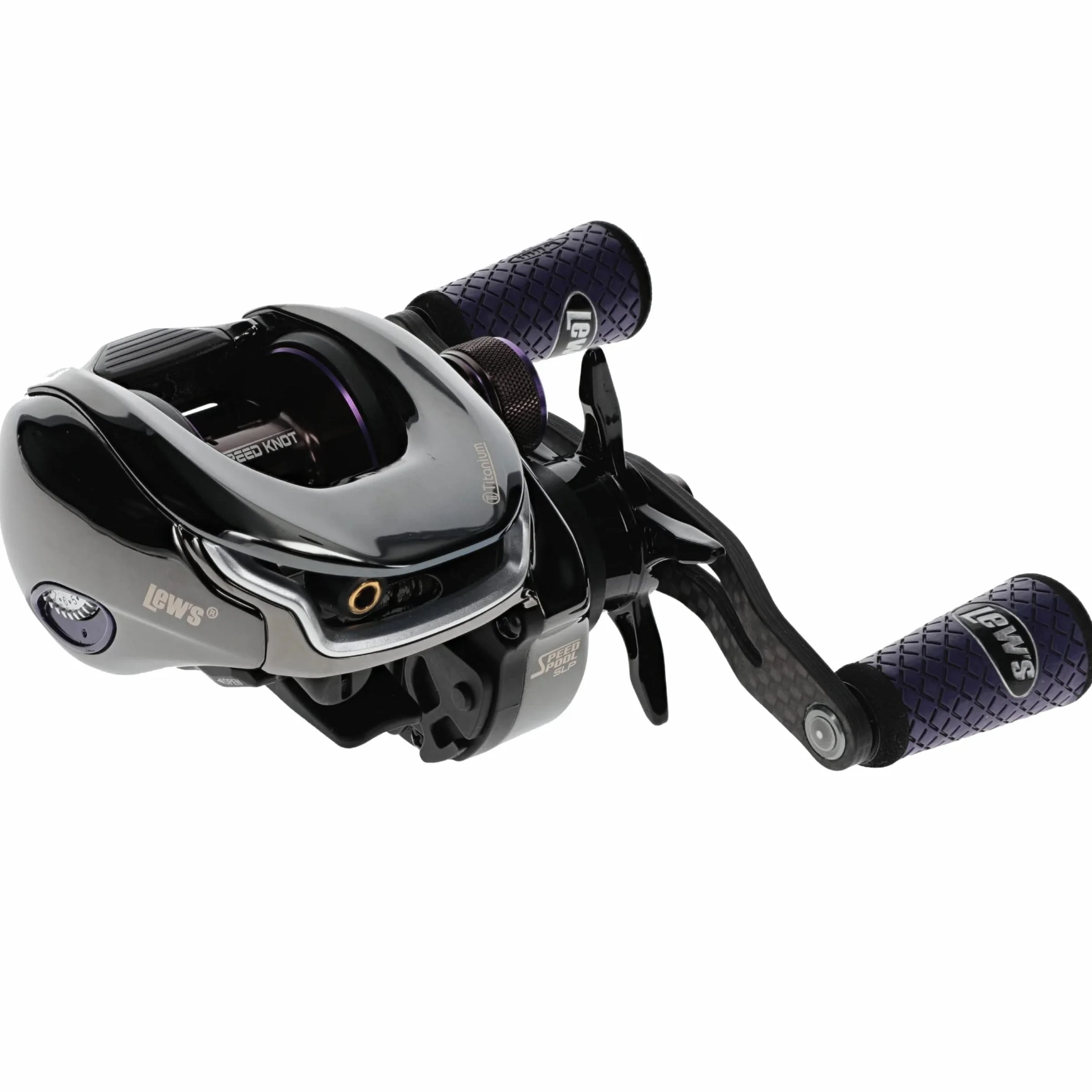 Team Pro-Ti Baitcast Reel, 10+1 Stainless Steel Ball Bearings, 7.5:1 Gear Ratio, Left-Hand Retrieve, Titanium Gray/Purple