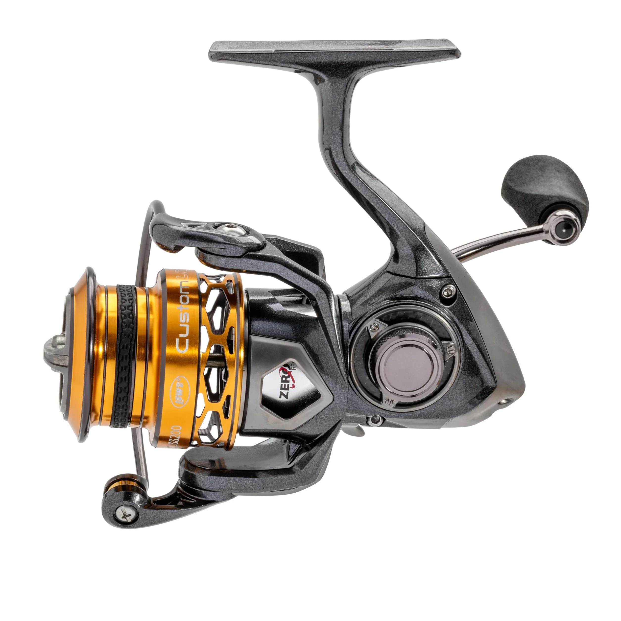 Custom Lite 200 SS Spinning Fishing Reel, Size 200 Reel, 10+1 Bearings, 6.2:1 Gear Ratio, Tanso Tech Frame, Shallow Spool, Aluminum Speed Gears, Hybrid Carbon Drag, Reversible Retrieve, Gray